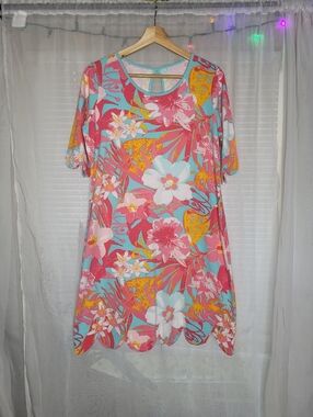Anaclare Floral Dress Size Large Coral Pink Aqua Preppy Tropical Scalloped Hem